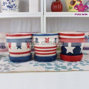 American National Flag Pattern Ceramic Plante Flower Pots w/attached saucer