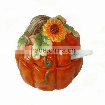 Hand-painted Ceramic Pumpkin Sugar Bowl W/Spoon