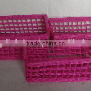 Rectangular Pink Rattan Basket Set of 3 With Handles