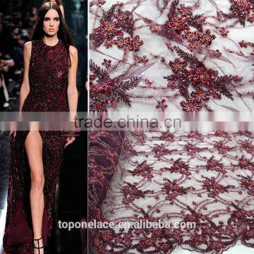 Handmade embroidery dresses heavy lace fabric 3d flower lace embroidered fabric Burgandy french lace evening dress 2016