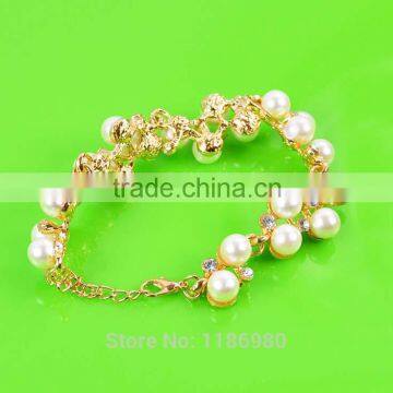 Fashion Womens Gold Plated Crystal Pearls Sweet Cuff Charm Bracelet Jewelry Gift photo-3