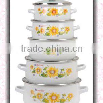 Best Quality Sunflower Decal White Enamel Cookware Pot Set 5 Pcs Cast Iron Kitchenware Set Pot With Glass Lid
