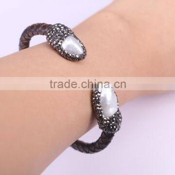 Natural Freshwater Pearl Bangle Bracelet, With Crystal Zirzon Leather Cord Bracelets, Druzy Jewelry Bang Druzy Jewelry Bracelets photo-2