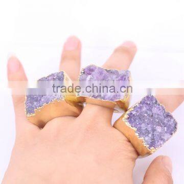 Natural Amethyst Quartz Rings, Metal Gold Electroplated Amethyst Gem stone Druzy Ring