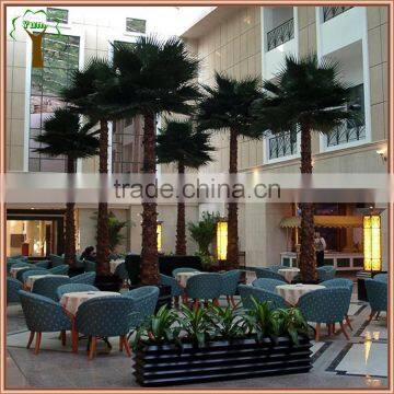 Big artificial palm tree with fan shape palm branches and real palm bark