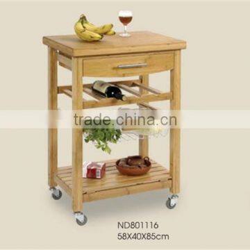 3-tier natural bamboo kichen trolley with wheels and basket