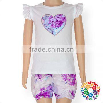 boutique summer baby girls purple floral heart flutter sleeve shirt shorts matching clothing set