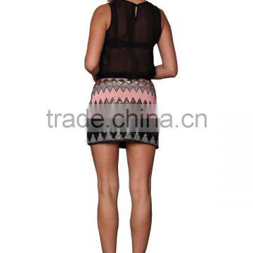 Women Silver Aztec Pattern A Line Fitted Sequined Skirts photo-3