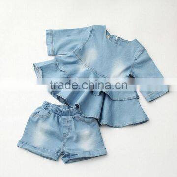 Wholesale fancy girls suits brand denim dress and shorts 2 pcs sets