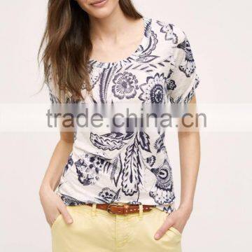 OEM lady new pattern floral print linen t shirt customized