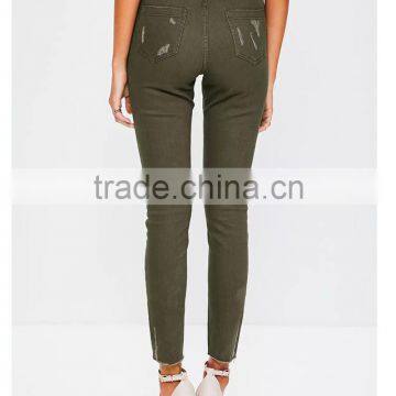 Custom Women High Waist Skinny Pants Khaki Damaged Denim Jeans Wholesale Direct Factory photo-4