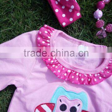 Pink Girls Dress New Design Ruffle Dress Clothes 100%cotton Cute Owl Children Kids Clothes With Matching Necklace and Headband photo-4