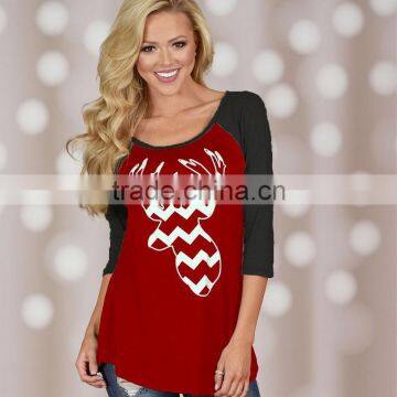 European and American Style Women's Christmas Theme Raglan 3/4 Sleeve Curved/rounded Hem t Shirt photo-3