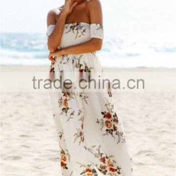 Boho Style Long Dress Women Fashion Off Shoulder Beach Summer Dresses Floral Print Vintage Chiffon White for Wholesale 2017 photo-4