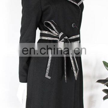 China Wholesale Ladies Cashmere Long Coat with Leather Trim