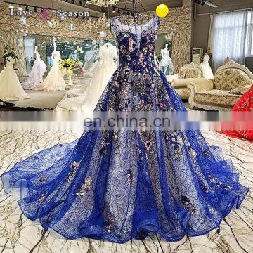 LS00282 blue sleeveless long train dresses evening appliques ball gown prom party girl dress