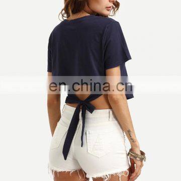 Women new fashion casual style self tie high low crop top CH001