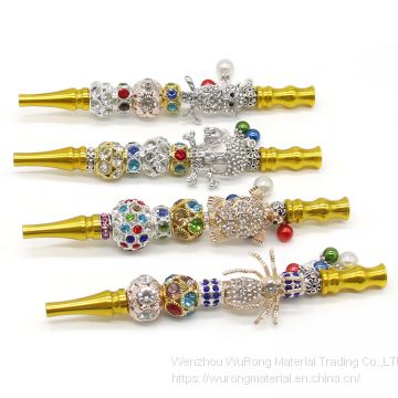 155mm Length metal yellow smoking pipe with metal beads animal shape cigarette holder filter rod with penant