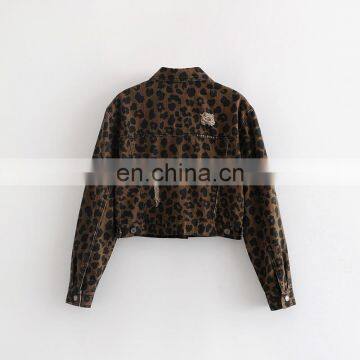 2020 New Design Women's Denim Jean Cropped Leopard Print Bomber Jacket photo-2