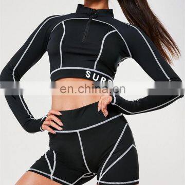 Hot Wholesale Ladies High Collar Zipper Sexy Skinny Fit Short Long Sleeve Crop Top photo-2