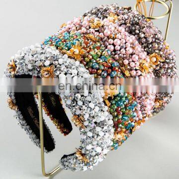 Fashionable Thick Sponge Gold Velvet Hairpin Fabric Handmade Beaded Hairband Women Inlaid Pearl Flower Hairband Women