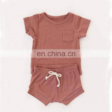 Plain Dyed Boutique Organic Cotton Knitted Ribbed Baby Pajamas Set Wholesale