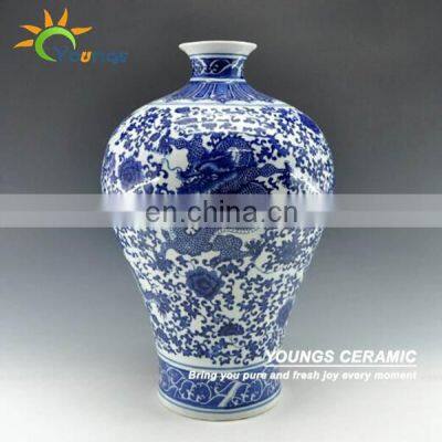 Antique Chinese Porcelain Blue And White Floral Dragon Vases