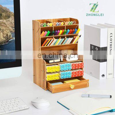 Wooden Pencil Holder, Pen Organizer for Desk With 15 Compartments With Drawer Desktop Stationary Storage Organizer Caddy photo-5