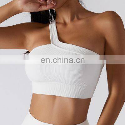 Ribbed One Shoulder Crop Sports Bras Women Factory Supply Backless Yoga Tank Tops