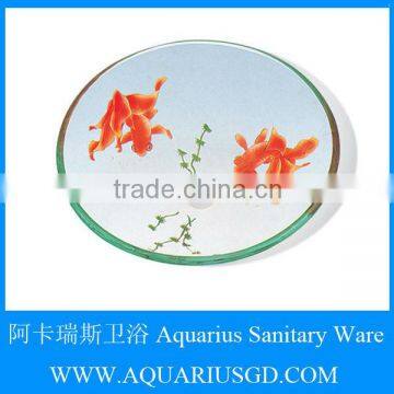 Transparent Goldfish Pattern Tempered Glass Round Shape Bathroom Wash Basins