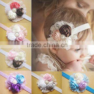 HOT SALE baby girls 0-3 years rose design lace headbands, moq is 10 pcs, can chooose colors