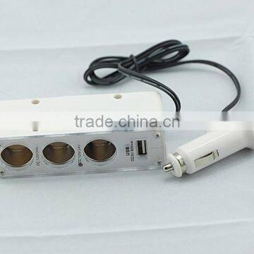 3 Way Car Cigarette Lighter with 1000mA USB with 1m cable length