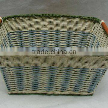 Rattan Basket With Color Top Rim, Handles.