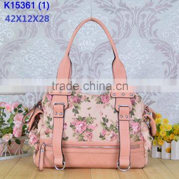 Angelkiss bag nice pink handbag with printed flower /lether hangbag with zipper in front view