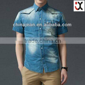 2015 fashion denim shirt for men monkey wash high quality jean short shirt JXJ25841