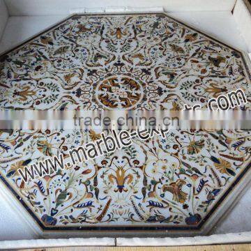 Octagonal White Marble Inlay Table Top, Inlay White Marble Table Top