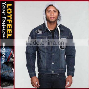 High quality slim fit stone wash men denim jacket with hoody(LOTJ299)