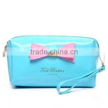 Colorful ladies pu cosmetic bags big canvas comestic pouch with bow and metal logo