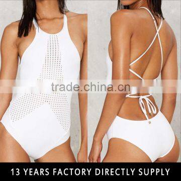 Custom high quality white color halter back cross sexy open dance bodysuit