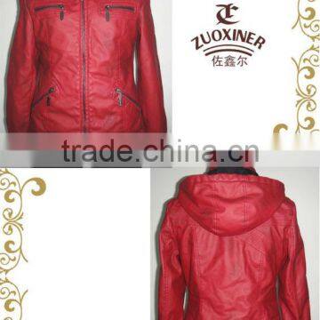 Hooded red PU jacket with zip detail for woman,faux leather clothing