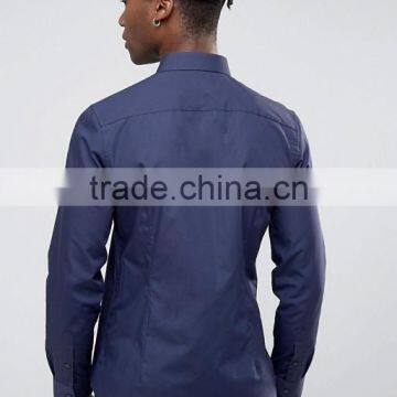 Plus Size Long Sleeve Spread Collar Mens Pre-Shrunk 65% Polyester 35% Cotton Breathable Slim Fit Casual Navy Solid Color Shirts photo-2