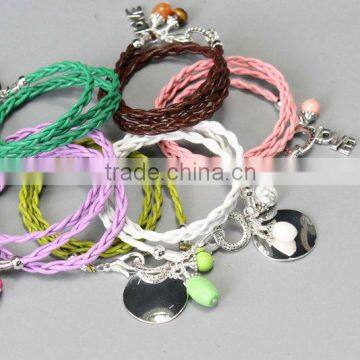 triple leather Wrap Bracelet, braided leather bracelet, leather wrap bracelet with charm dangles