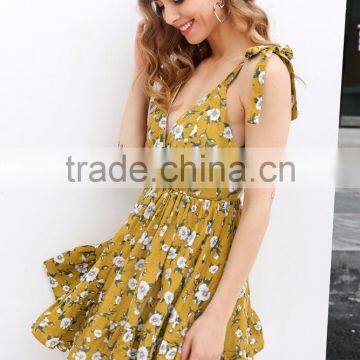 Sexy Backless Padded Print Summer Dress Women Summer v Neck Beach Dresses Boho Strap Yellow Short Dress photo-6
