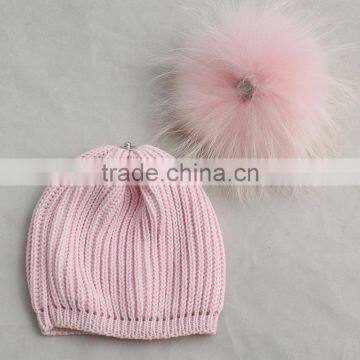 Myfur Baby Pink Striped Pattern Knitting Hat With Real Raccoon Fur Bobble photo-5