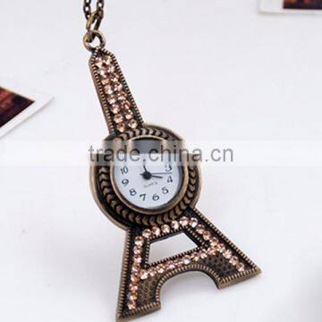 Vintage Iron Tower with Rhinestones Open Faced Pocket Watch Pendant Necklace