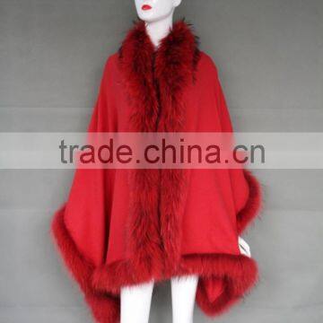 Hot Sale Women Cashmere Scarf Cape Lined Raccoon Fur Trim OEM Sevice