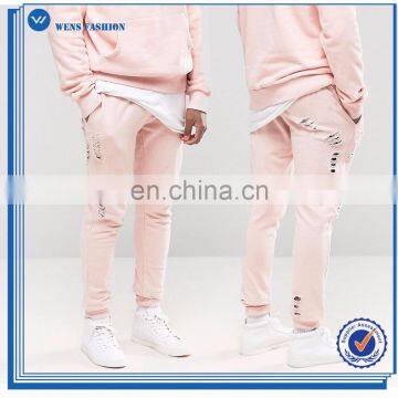 OEM Design Fitted Cuffs Skinny Joggers With Distressing Pink Men Pants