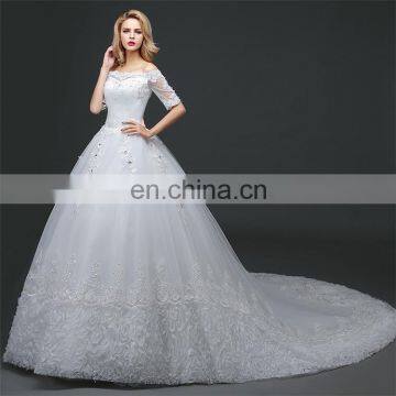 HS1629 2017 Luxury Off-shoulder Long Train Lace Appliqued Puffy Wedding Gowns photo-2