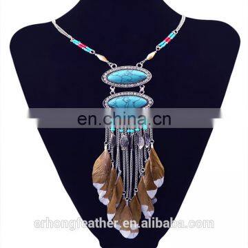 Fashion Bohemia feather tassel elliptic long leaves necklace restoring ancient