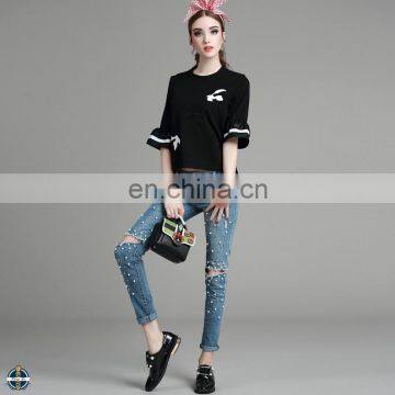 T-WT015 Black Round Neck Half Horn Sleeve Embroidery Side Slits Womens T-shirt